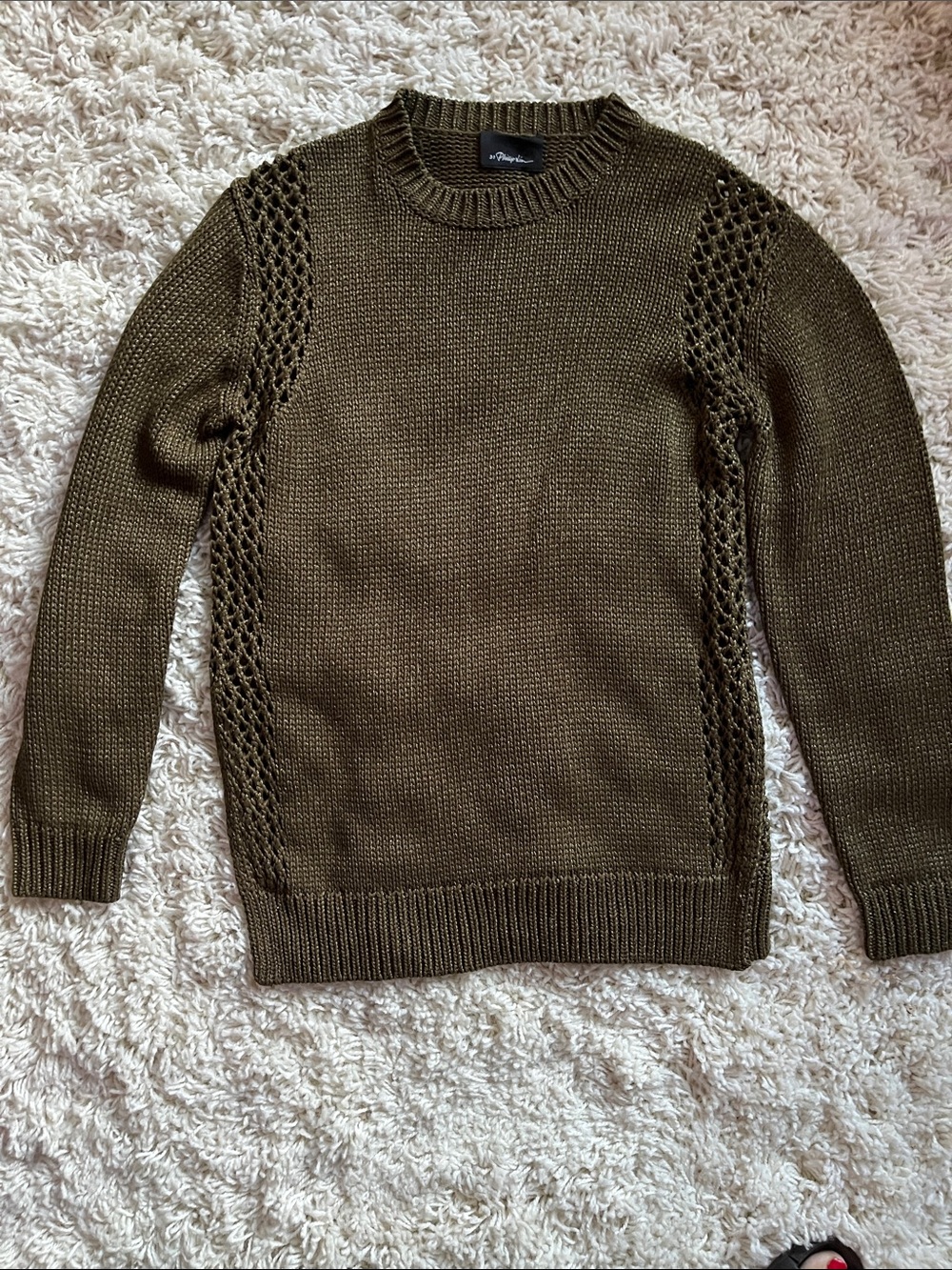 3.1 Phillip Lim Olive Green/Brownish Openwork Crewneck Sweater